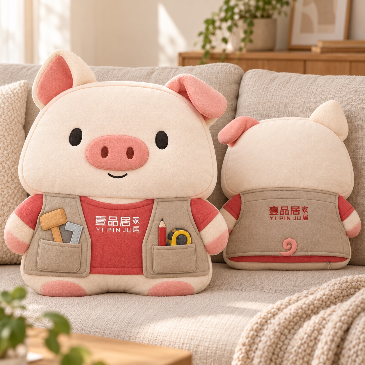小居异形抱枕正反面概念：卡其色马甲与软布工具图案，放在浅色沙发上